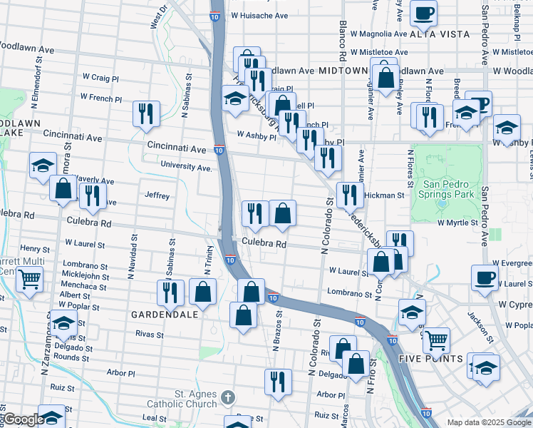 map of restaurants, bars, coffee shops, grocery stores, and more near 331 Cornell Avenue in San Antonio