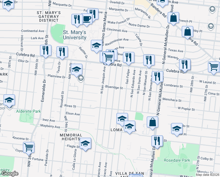 map of restaurants, bars, coffee shops, grocery stores, and more near 563 North San Horacio Avenue in San Antonio