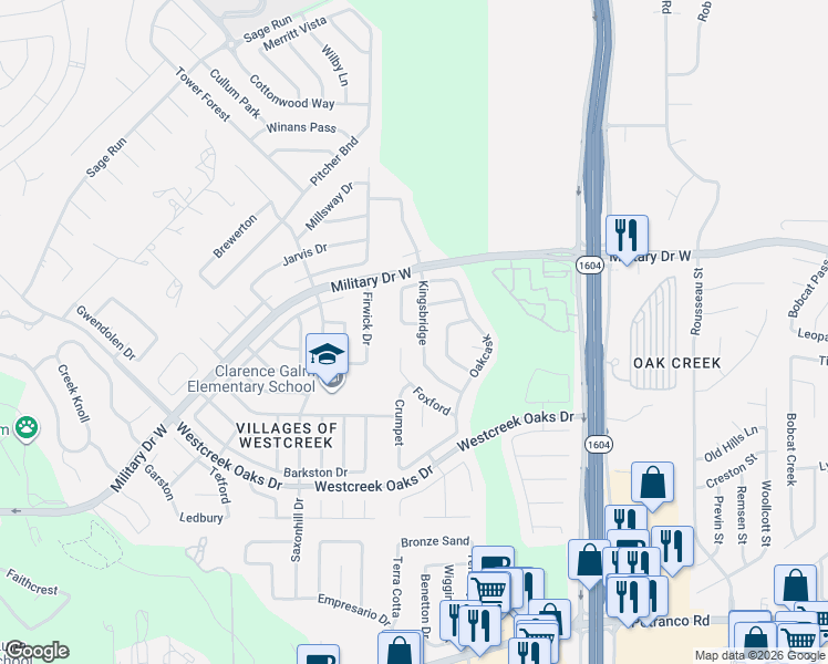 map of restaurants, bars, coffee shops, grocery stores, and more near 1518 Kingsbridge in San Antonio