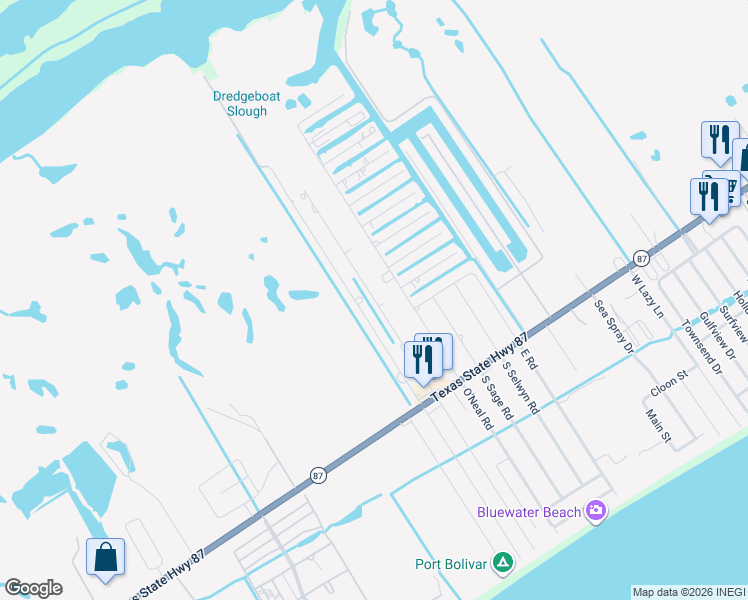 map of restaurants, bars, coffee shops, grocery stores, and more near 1121 North Jacks Road in Bolivar Peninsula