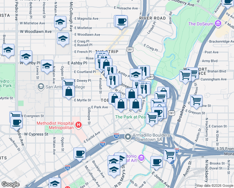 map of restaurants, bars, coffee shops, grocery stores, and more near 719 East Locust Street in San Antonio