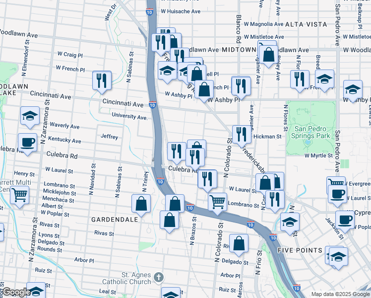 map of restaurants, bars, coffee shops, grocery stores, and more near 331 Cornell Avenue in San Antonio