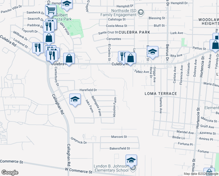 map of restaurants, bars, coffee shops, grocery stores, and more near 5318 Harefield Drive in San Antonio