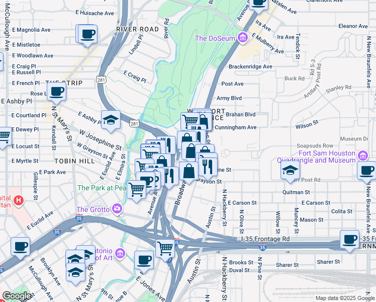 map of restaurants, bars, coffee shops, grocery stores, and more near 2015 Broadway in San Antonio