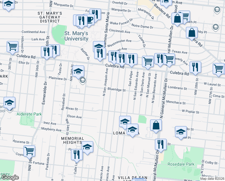 map of restaurants, bars, coffee shops, grocery stores, and more near 563 North San Horacio Avenue in San Antonio