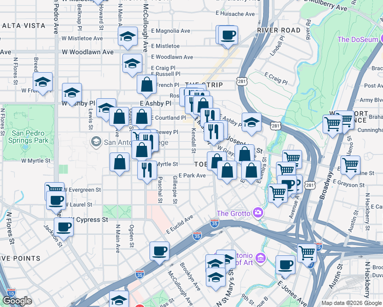 map of restaurants, bars, coffee shops, grocery stores, and more near in San Antonio