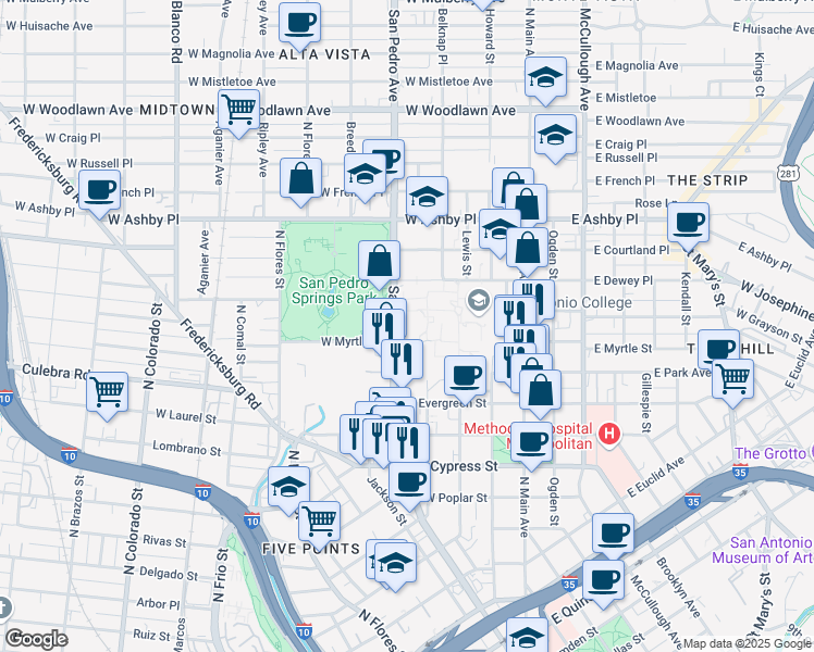 map of restaurants, bars, coffee shops, grocery stores, and more near 1819 North Main Avenue in San Antonio