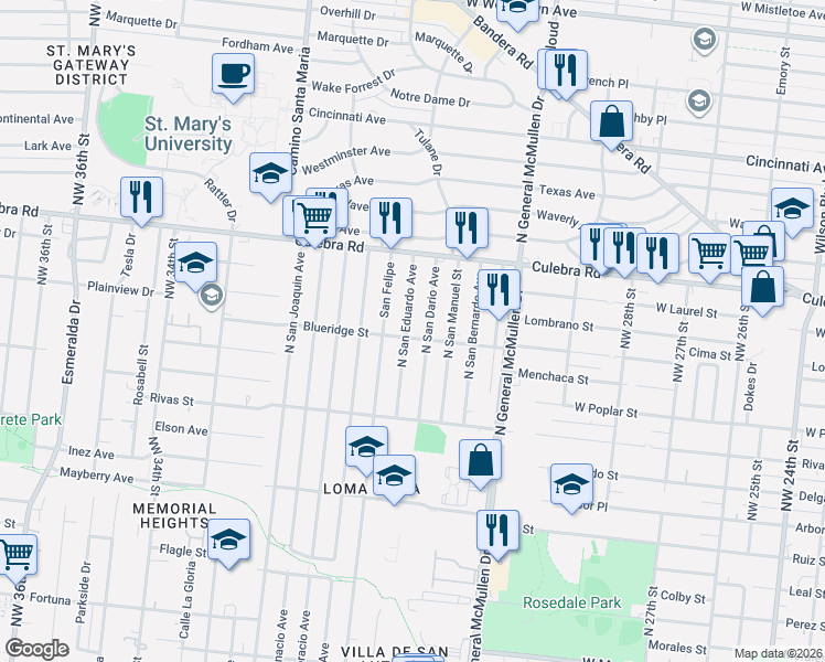 map of restaurants, bars, coffee shops, grocery stores, and more near 566 North San Eduardo Avenue in San Antonio