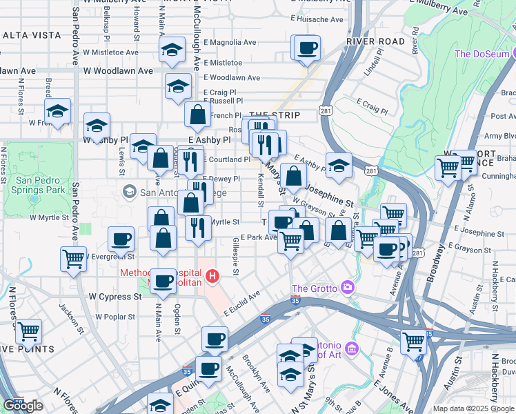 map of restaurants, bars, coffee shops, grocery stores, and more near in San Antonio