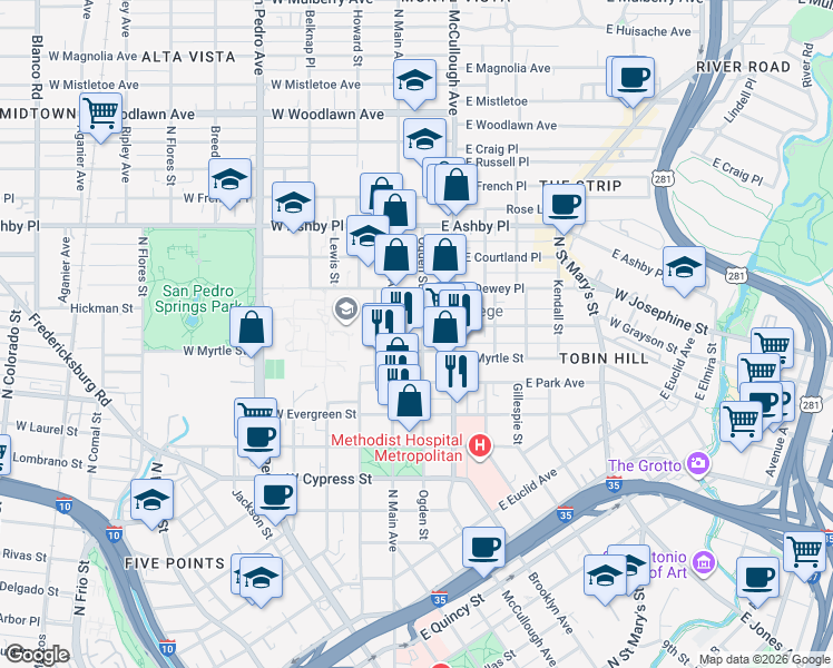 map of restaurants, bars, coffee shops, grocery stores, and more near 131 East Myrtle Street in San Antonio