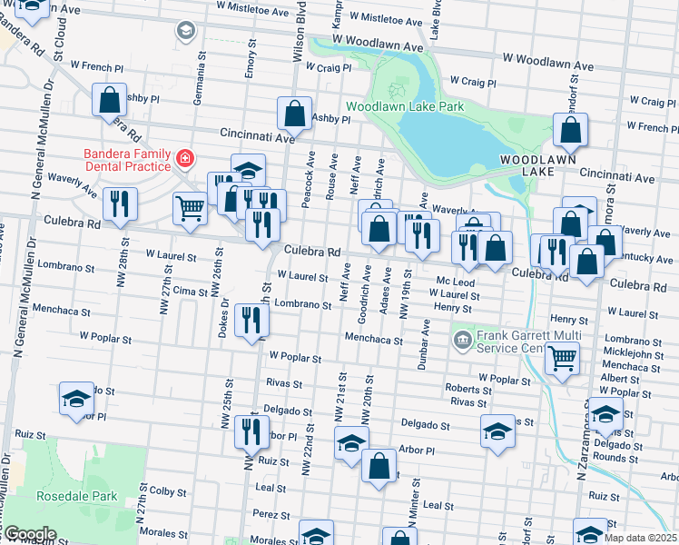 map of restaurants, bars, coffee shops, grocery stores, and more near 1530 Northwest 22nd Street in San Antonio
