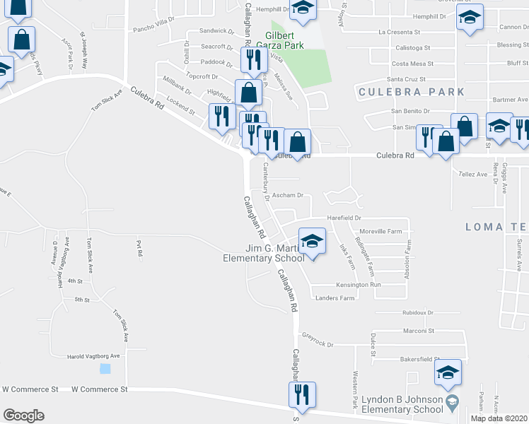 map of restaurants, bars, coffee shops, grocery stores, and more near 1100 Callaghan Road in San Antonio