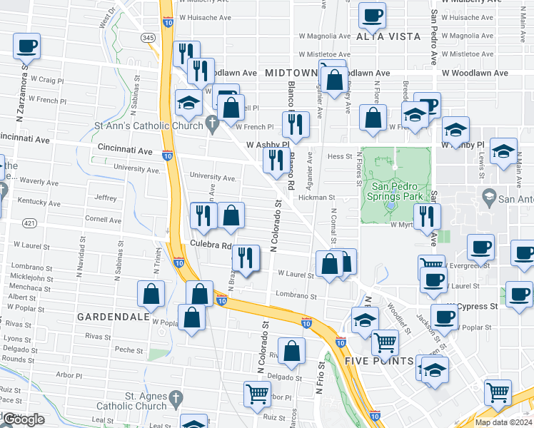 map of restaurants, bars, coffee shops, grocery stores, and more near 210 Princeton Avenue in San Antonio