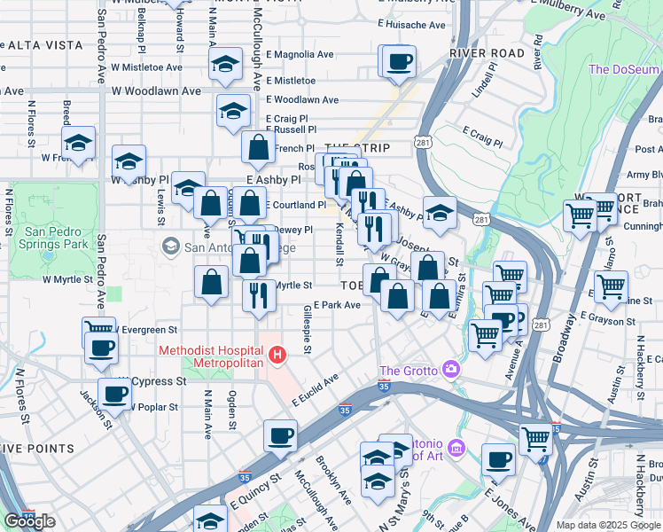 map of restaurants, bars, coffee shops, grocery stores, and more near 518 East Locust Street in San Antonio