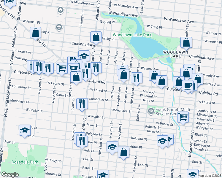 map of restaurants, bars, coffee shops, grocery stores, and more near 1530 Northwest 22nd Street in San Antonio