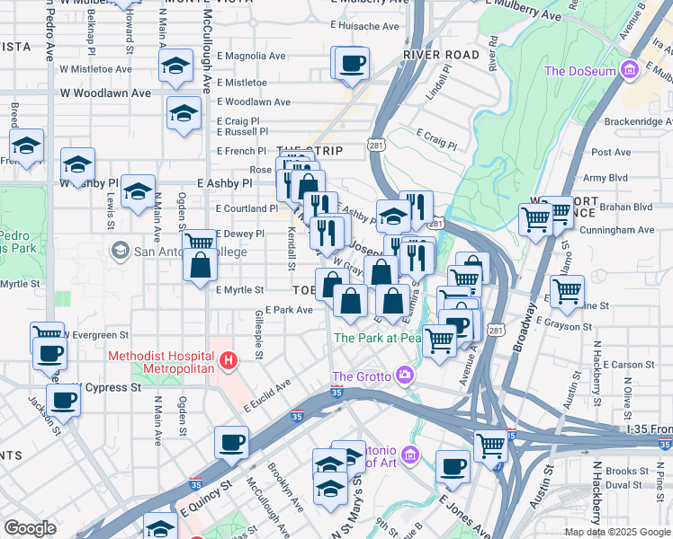 map of restaurants, bars, coffee shops, grocery stores, and more near 2020 North Saint Mary's Street in San Antonio