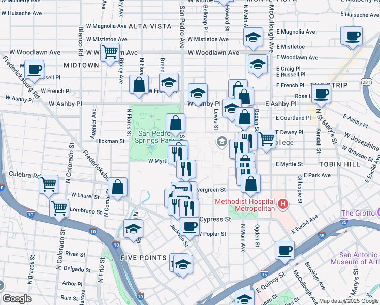 map of restaurants, bars, coffee shops, grocery stores, and more near 1300 San Pebro Ave in San Antonio