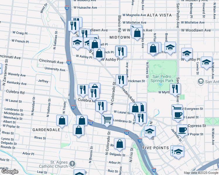map of restaurants, bars, coffee shops, grocery stores, and more near 210 Princeton Avenue in San Antonio