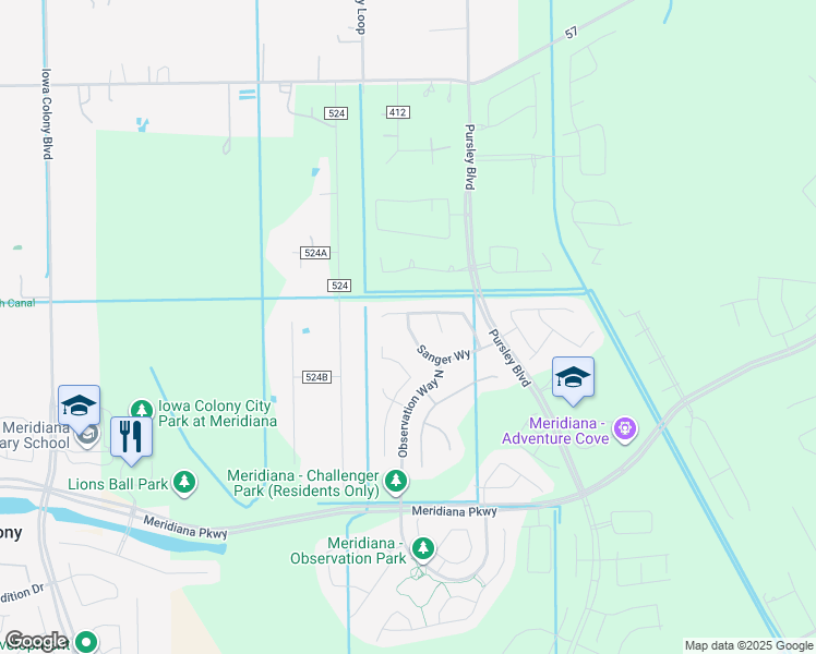 map of restaurants, bars, coffee shops, grocery stores, and more near 9523 Sanger Way in Manvel