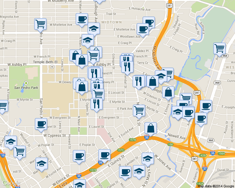 map of restaurants, bars, coffee shops, grocery stores, and more near in San Antonio