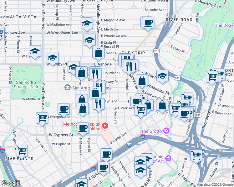 map of restaurants, bars, coffee shops, grocery stores, and more near in San Antonio