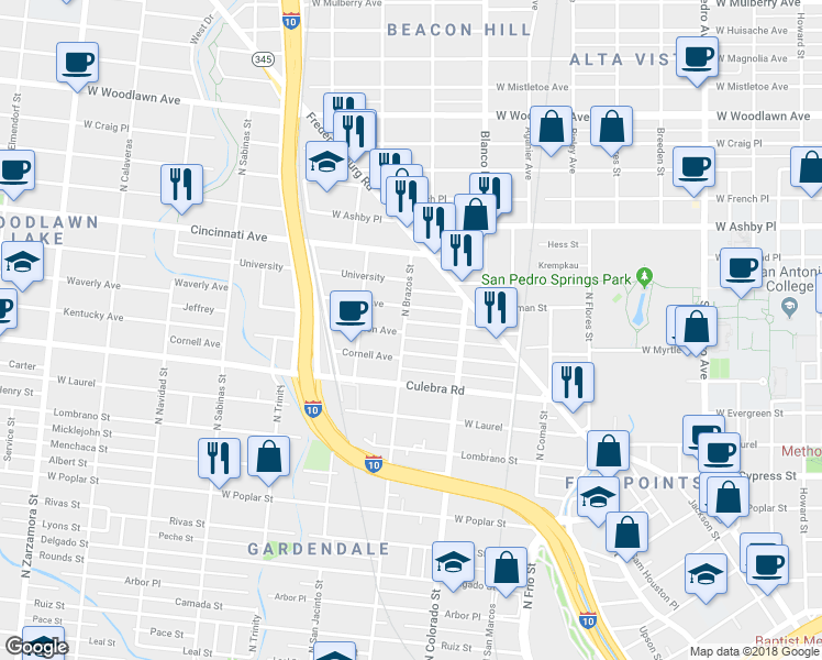 map of restaurants, bars, coffee shops, grocery stores, and more near 253 Cornell Avenue in San Antonio