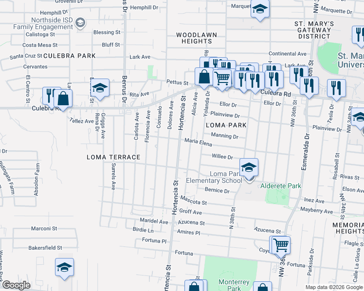 map of restaurants, bars, coffee shops, grocery stores, and more near 1104 Hortencia Avenue in San Antonio