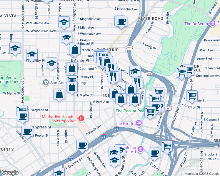 map of restaurants, bars, coffee shops, grocery stores, and more near in San Antonio