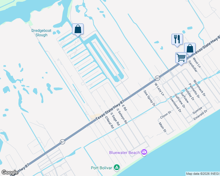 map of restaurants, bars, coffee shops, grocery stores, and more near 1040 North Selwyn Road in Bolivar Peninsula