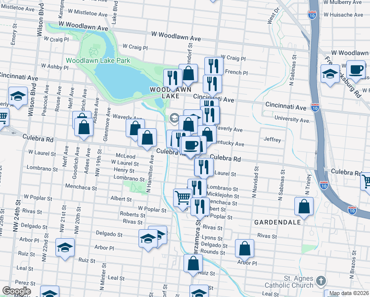 map of restaurants, bars, coffee shops, grocery stores, and more near 1122 Culebra Road in San Antonio