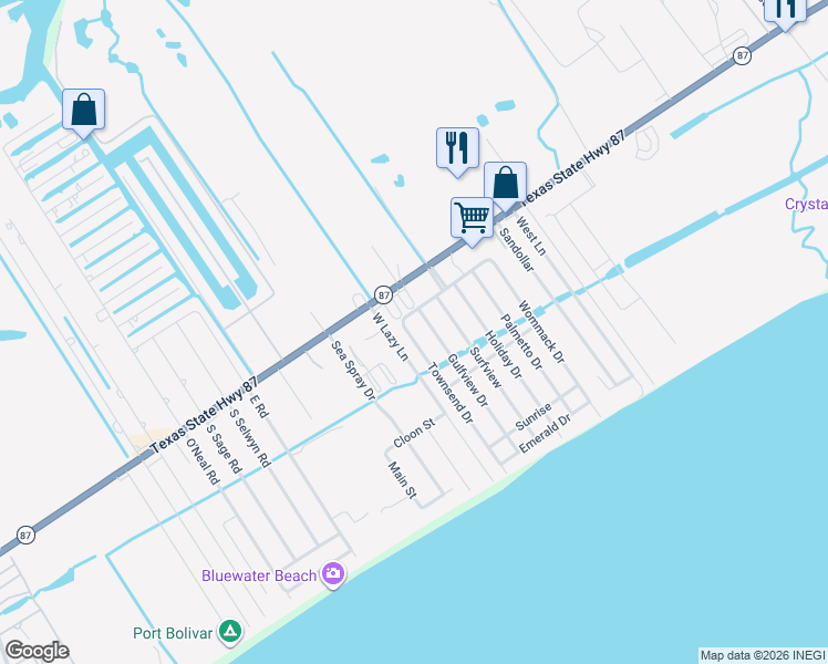 map of restaurants, bars, coffee shops, grocery stores, and more near 967 Townsend Drive in Bolivar Peninsula