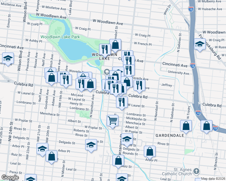 map of restaurants, bars, coffee shops, grocery stores, and more near 1122 Culebra Road in San Antonio