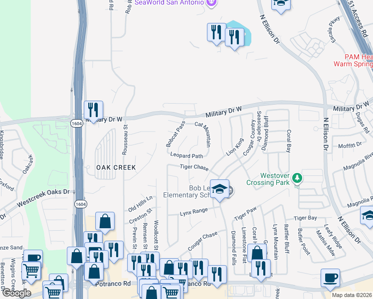 map of restaurants, bars, coffee shops, grocery stores, and more near 10622 Leopard Path in San Antonio