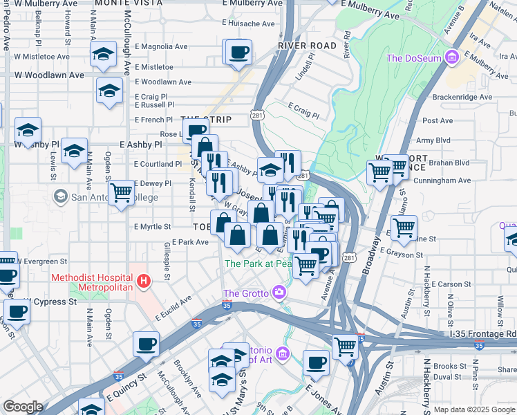 map of restaurants, bars, coffee shops, grocery stores, and more near 238 West Grayson Street in San Antonio