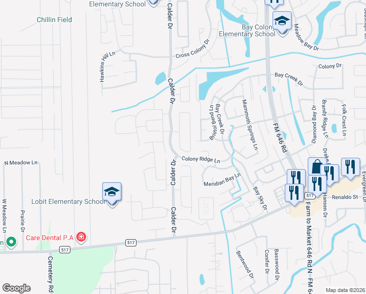 map of restaurants, bars, coffee shops, grocery stores, and more near 6728 Hidden Colony Lane in Dickinson