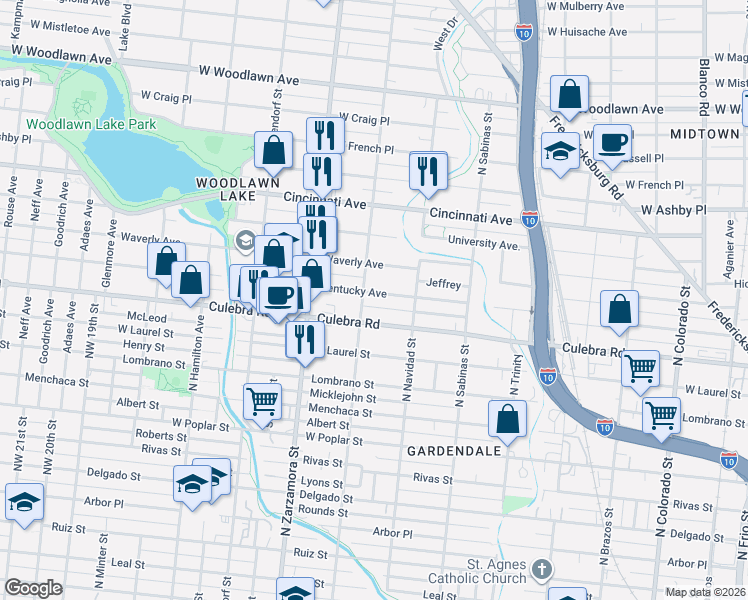 map of restaurants, bars, coffee shops, grocery stores, and more near 725 Kentucky Avenue in San Antonio