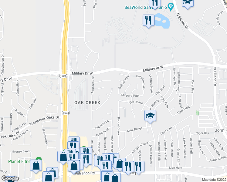 map of restaurants, bars, coffee shops, grocery stores, and more near 11623 Bridge Hampton in San Antonio