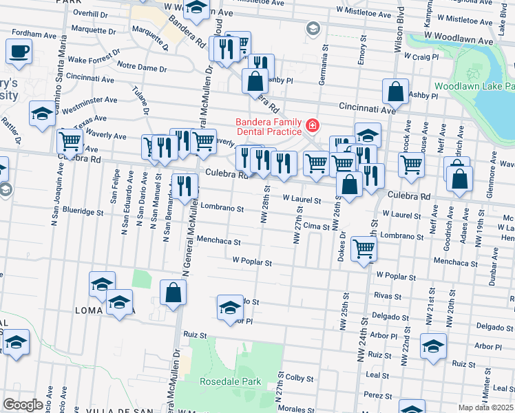 map of restaurants, bars, coffee shops, grocery stores, and more near 3322 West Laurel in San Antonio