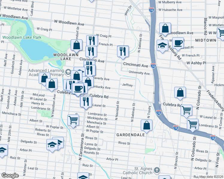 map of restaurants, bars, coffee shops, grocery stores, and more near 725 Kentucky Avenue in San Antonio