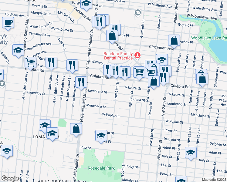 map of restaurants, bars, coffee shops, grocery stores, and more near 3322 West Laurel in San Antonio