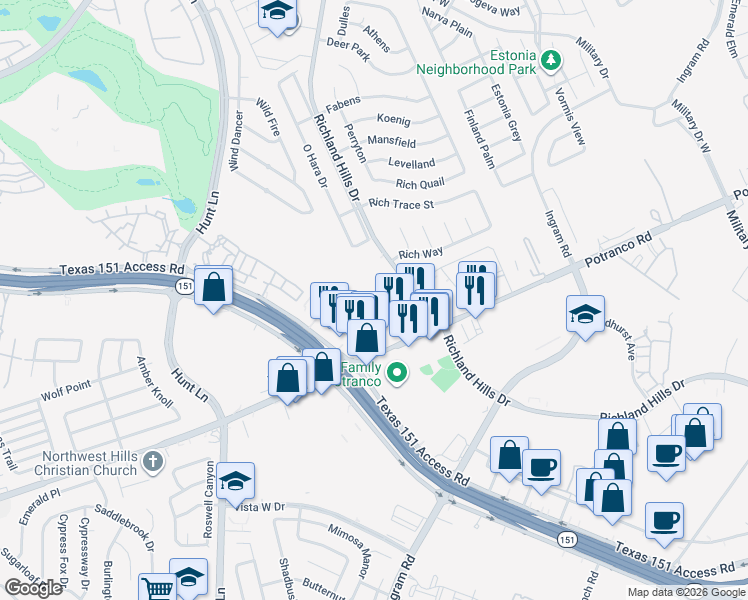 map of restaurants, bars, coffee shops, grocery stores, and more near 1207 Richland Hills Drive in San Antonio