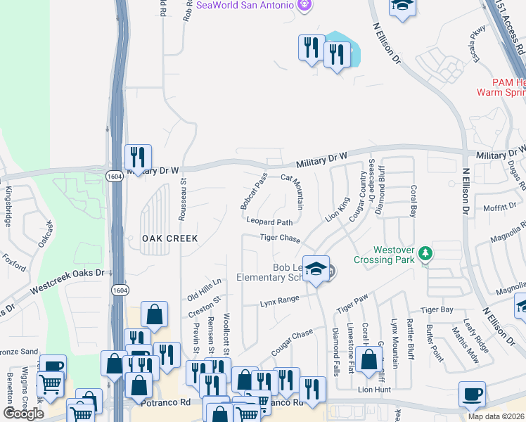 map of restaurants, bars, coffee shops, grocery stores, and more near 1246 Bobcat Pass in San Antonio