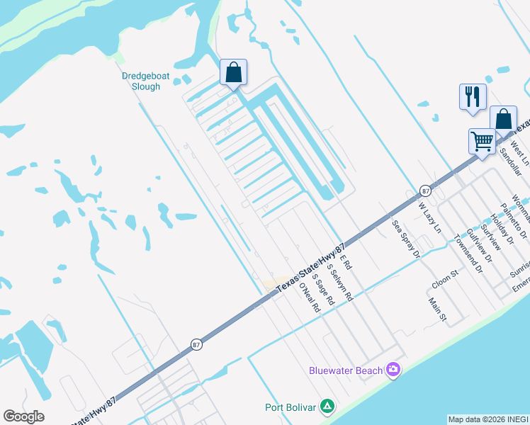 map of restaurants, bars, coffee shops, grocery stores, and more near 1109 Mayes Road in Bolivar Peninsula