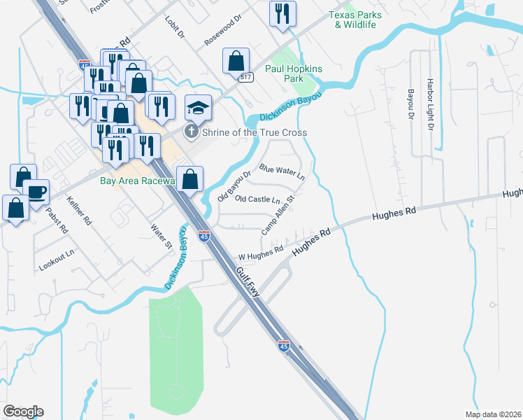 map of restaurants, bars, coffee shops, grocery stores, and more near 4913 Old Castle Lane in Dickinson