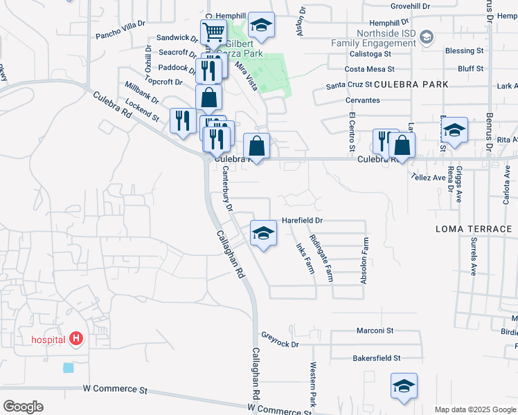 map of restaurants, bars, coffee shops, grocery stores, and more near 5719 Ascham Drive in San Antonio