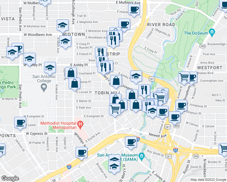 map of restaurants, bars, coffee shops, grocery stores, and more near N St Mary's in San Antonio