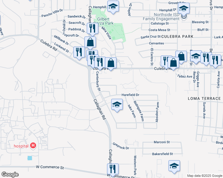 map of restaurants, bars, coffee shops, grocery stores, and more near 5719 Ascham Drive in San Antonio