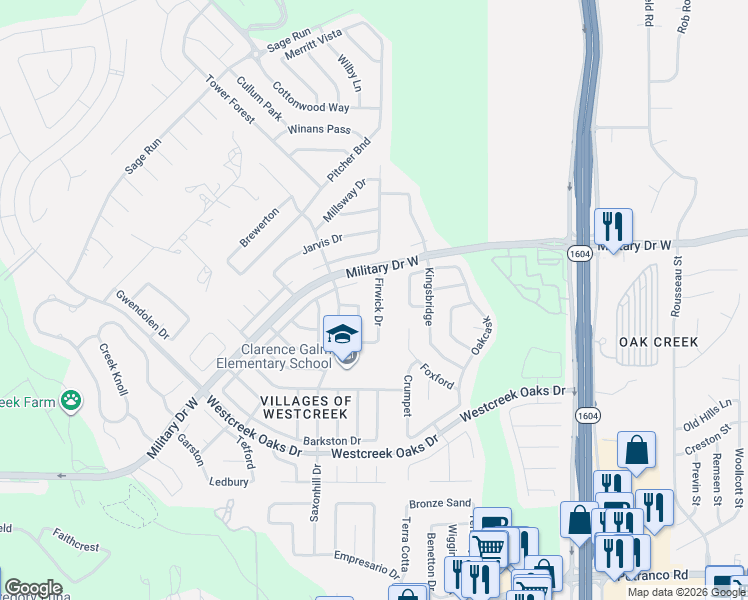 map of restaurants, bars, coffee shops, grocery stores, and more near 11702 Adriana Maria in San Antonio