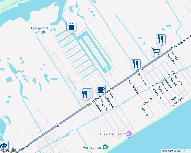 map of restaurants, bars, coffee shops, grocery stores, and more near 1122 Mayes Road in Bolivar Peninsula