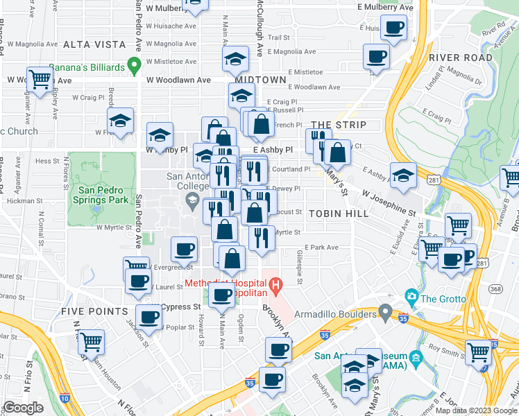 map of restaurants, bars, coffee shops, grocery stores, and more near McCullough Avenue & East Locust Street in San Antonio
